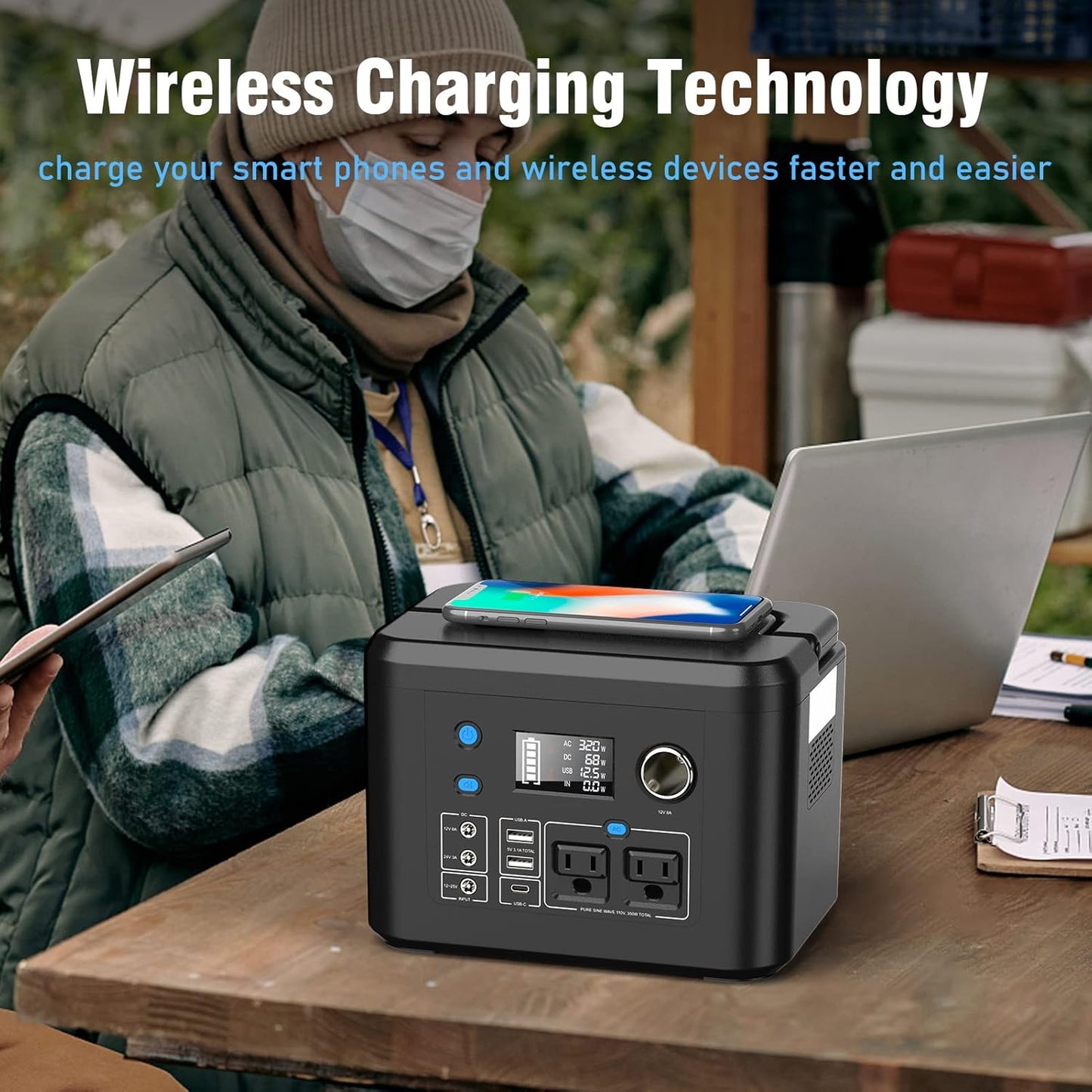 350W Portable Solar Generator with 60W Solar Panel, 70,000Mah Backup Lithium Battery, 110V/350W Pure Sine Wave AC Outlet, Power Station with Solar Panel for Outdoors Camping Travel Hunting