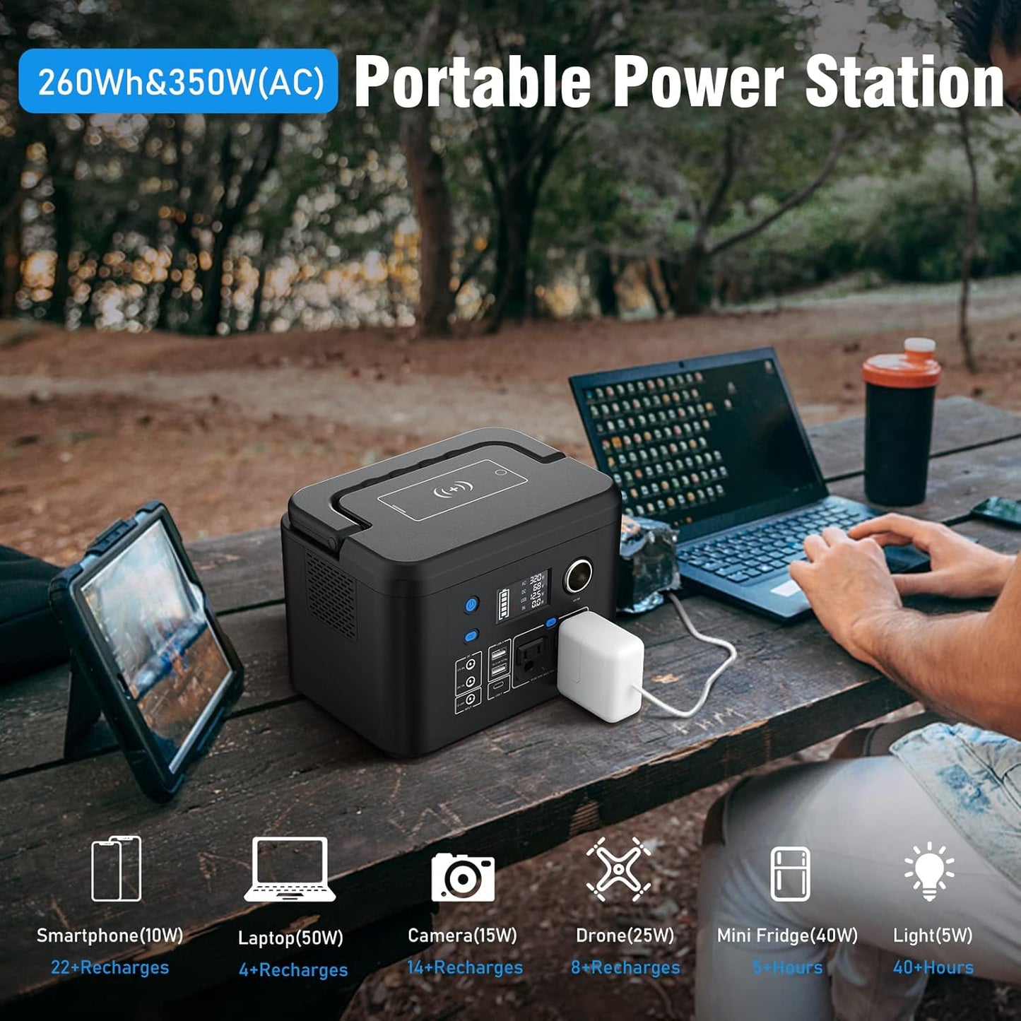 350W Portable Solar Generator with 60W Solar Panel, 70,000Mah Backup Lithium Battery, 110V/350W Pure Sine Wave AC Outlet, Power Station with Solar Panel for Outdoors Camping Travel Hunting