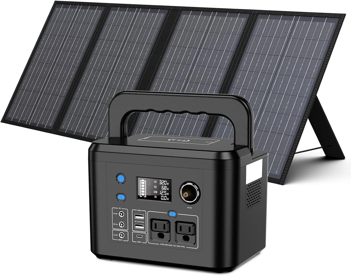 350W Portable Solar Generator with 60W Solar Panel, 70,000Mah Backup Lithium Battery, 110V/350W Pure Sine Wave AC Outlet, Power Station with Solar Panel for Outdoors Camping Travel Hunting