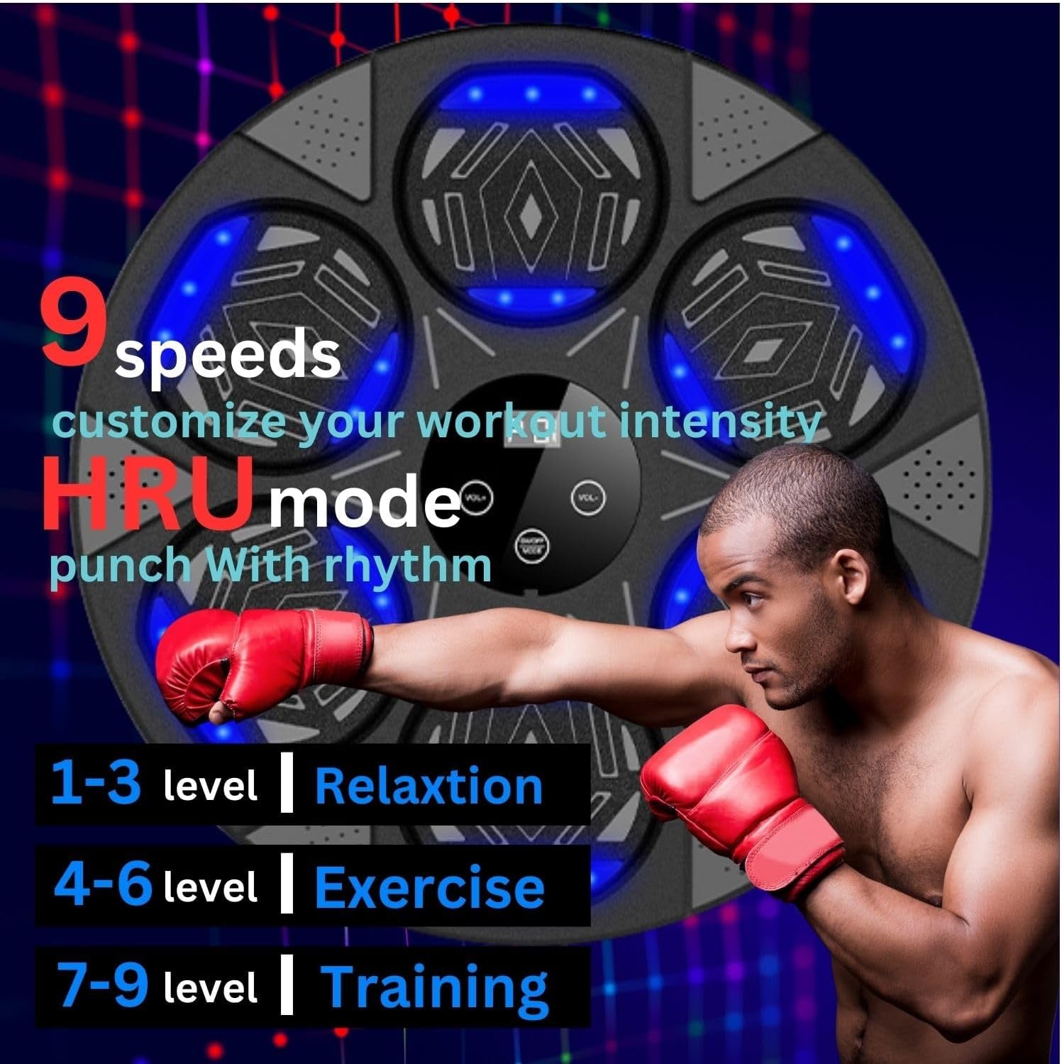 Primium Music Boxing Machine with Bluetooth, LED Lights, Smart Punch Count Display, Wall Mounted, Home Indoor Workout Training Machine with Premium Boxing Gloves, 16 Inches, Black, (2025, Updated)