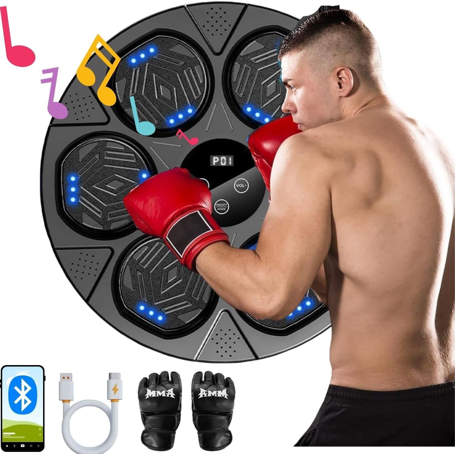 Primium Music Boxing Machine with Bluetooth, LED Lights, Smart Punch Count Display, Wall Mounted, Home Indoor Workout Training Machine with Premium Boxing Gloves, 16 Inches, Black, (2025, Updated)