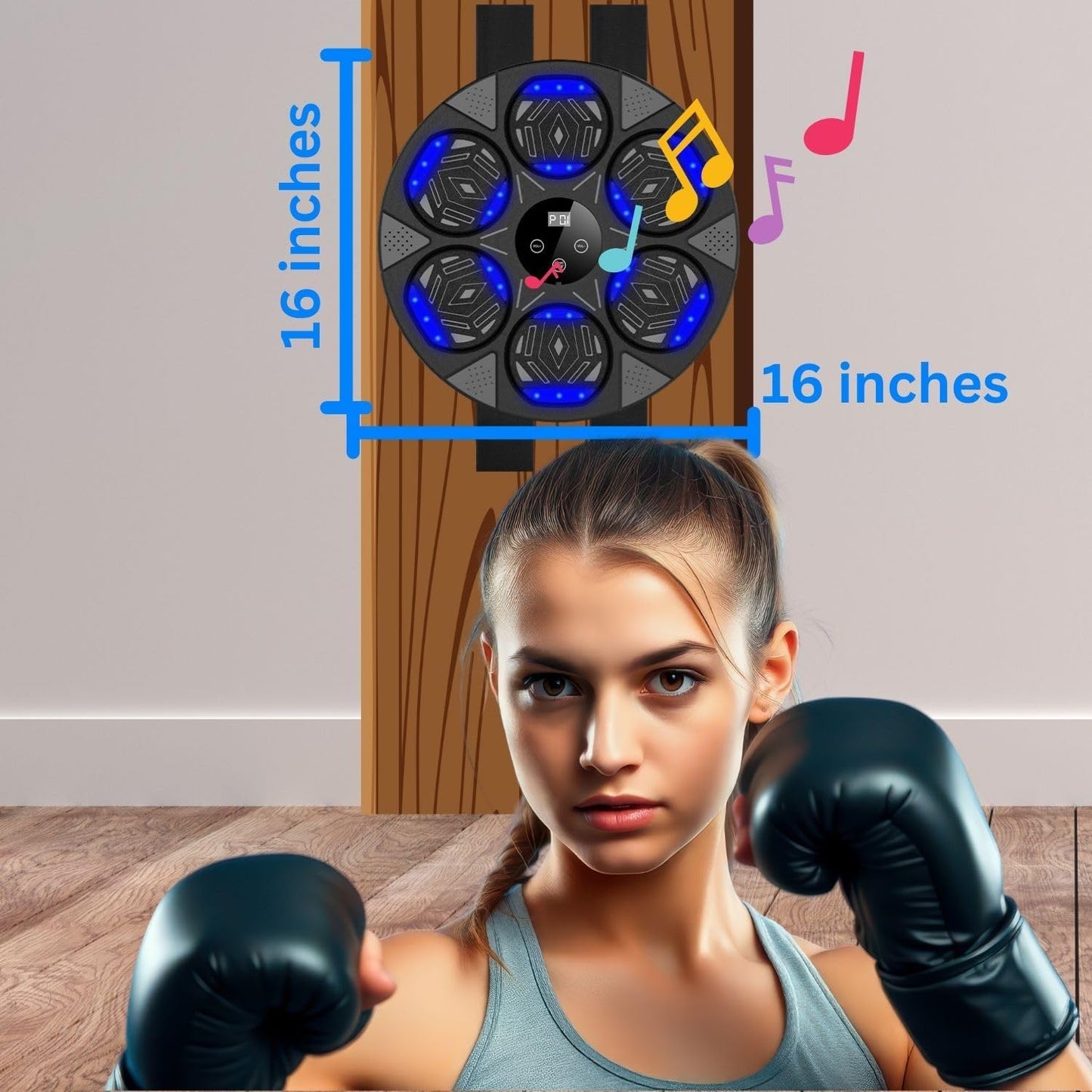 Primium Music Boxing Machine with Bluetooth, LED Lights, Smart Punch Count Display, Wall Mounted, Home Indoor Workout Training Machine with Premium Boxing Gloves, 16 Inches, Black, (2025, Updated)